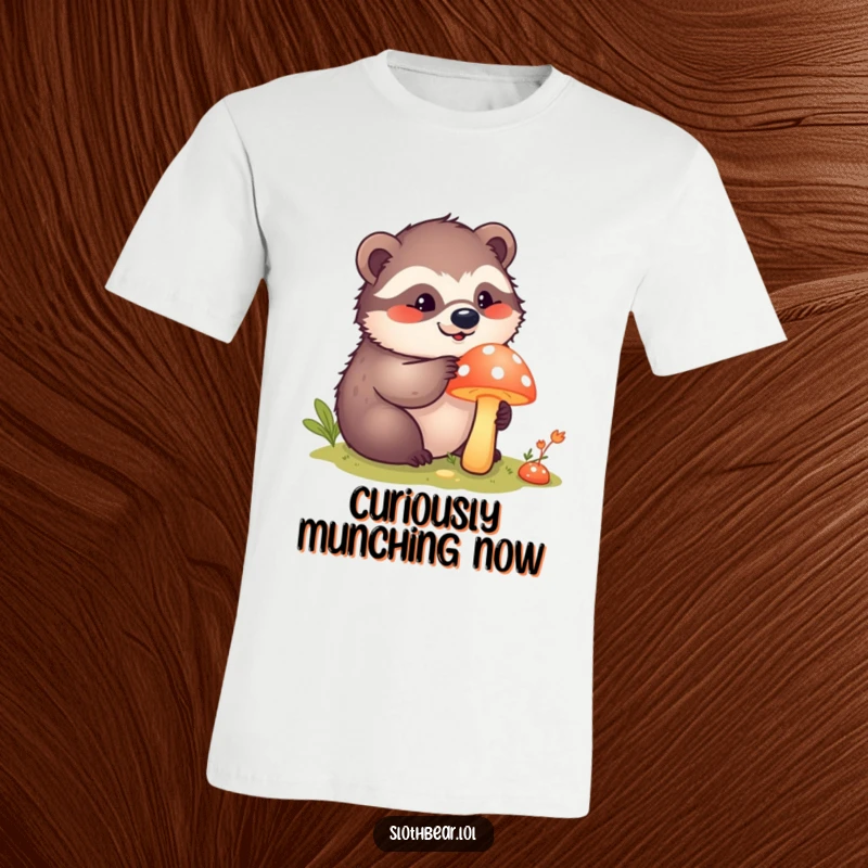 Funny kawaii sloth bear gently poking a bright mushroom with a curious expression on a comfortable t-shirt, showing exploration.