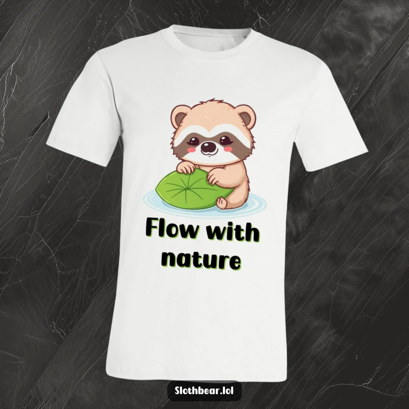 Funny t-shirt depicting a cute kawaii sloth bear character softly nudging a single leaf floating on water.