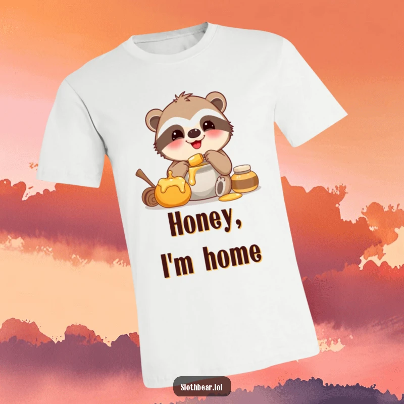 Funny t-shirt with a smiling sloth bear happily eating from a honey pot, perfect for dessert lovers.