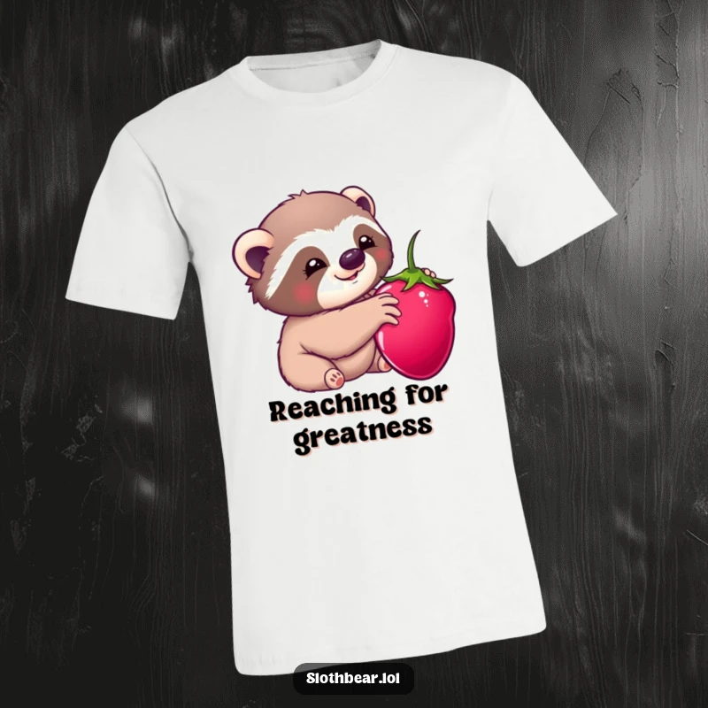 Funny t-shirt graphic: A charming kawaii sloth bear reaching with delight towards a ripe, plump berry, looking absolutely happy.