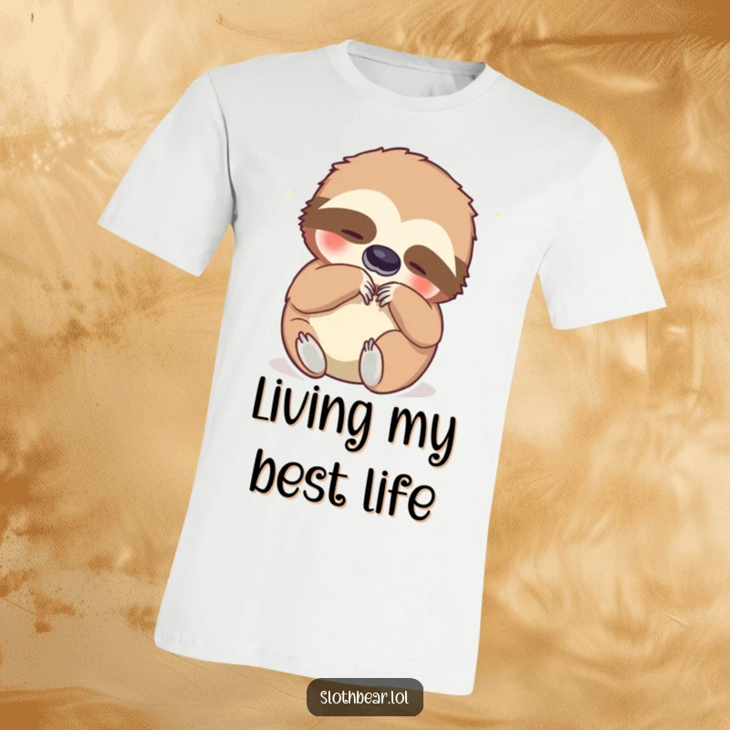 Funny t-shirt featuring a relaxed sloth bear scratching its belly with a look of utter contentment, perfect for casual, humorous wear.