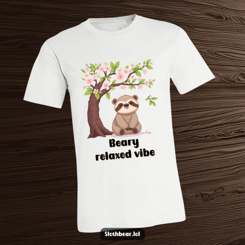 Funny sloth bear t-shirt, relaxing under blooming tree, peaceful and happy, cute character, humorous apparel.