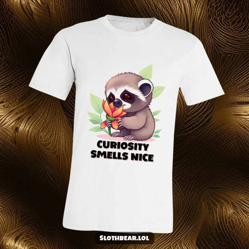Funny sloth bear cub captivated by a vibrant flower, its small nose sniffing with curiosity, printed on a soft t-shirt.
