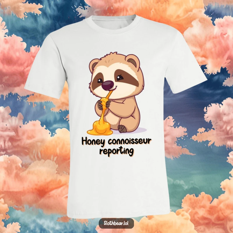Funny t-shirt print of a cute sloth bear daintily licking tasty honey from its paw. A humorous and heartwarming design for all.