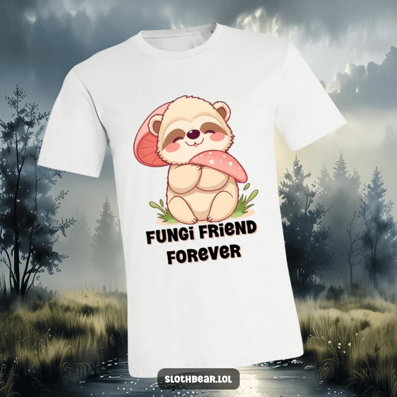 Funny sloth bear t-shirt featuring a joyful character embracing a fuzzy mushroom, evoking woodland enchantment and happiness.