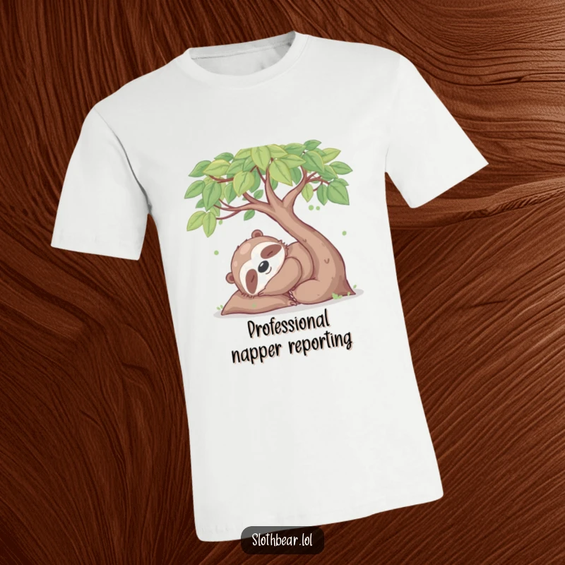 Funny t-shirt showing a happy sloth bear character enjoying a gentle nap under a leafy tree, promoting ultimate relaxation and calm.