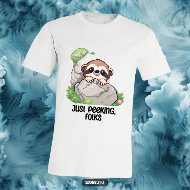 Funny cheerful sloth bear character peeking out from behind a mossy rock, featured on a humorous t-shirt.