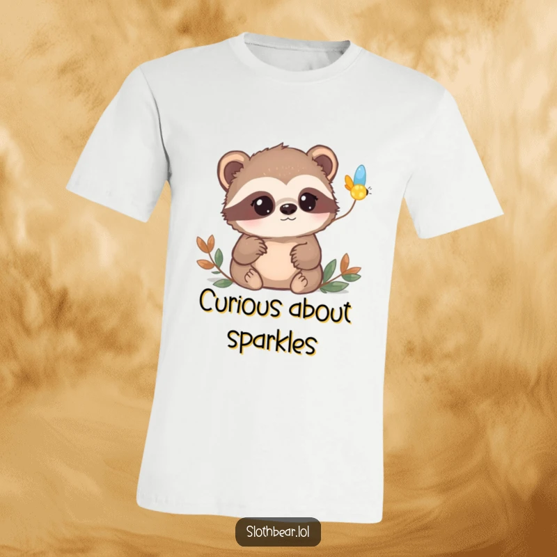 Funny sloth bear t-shirt showing a bear with curious eyes watching a firefly blink on, charming and whimsical apparel.