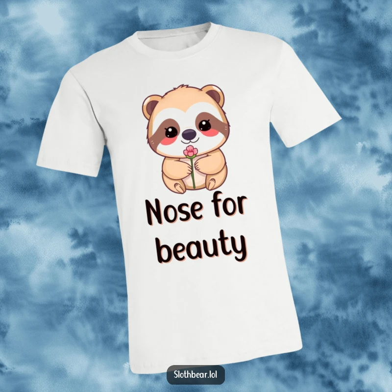 Funny t-shirt featuring an incredibly cute sloth bear character with a small flower bud delicately poised on its nose.