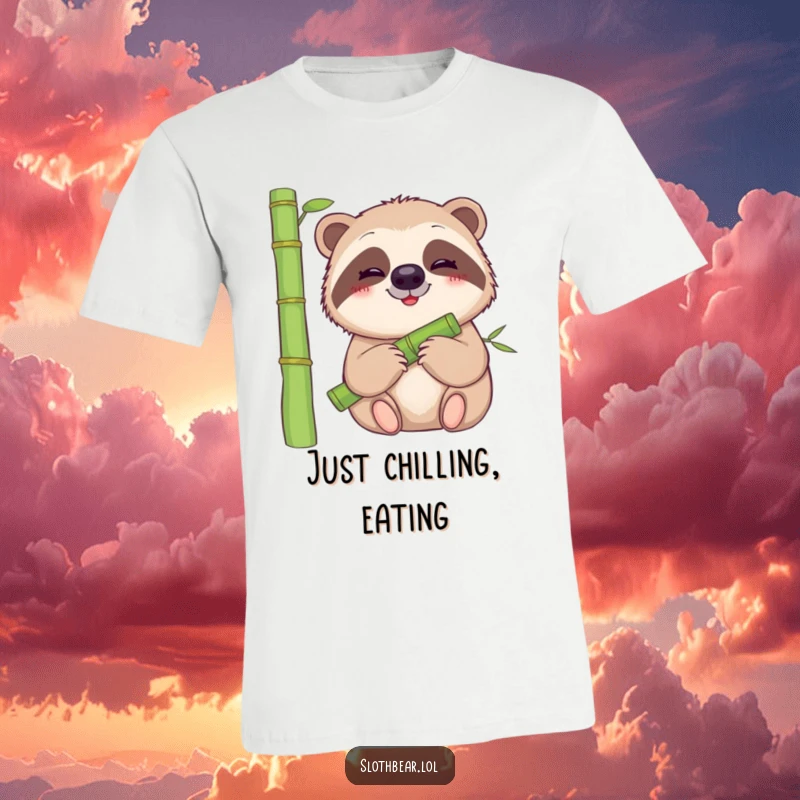 Funny sloth bear t-shirt showing a gentle bear with a smile munching on a juicy bamboo stalk, calm and cute.