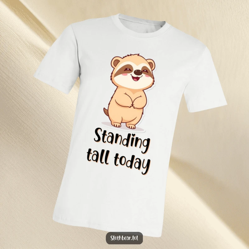 Funny sloth bear standing upright with a pleased expression, exuding happiness and charm on a comfortable t-shirt.