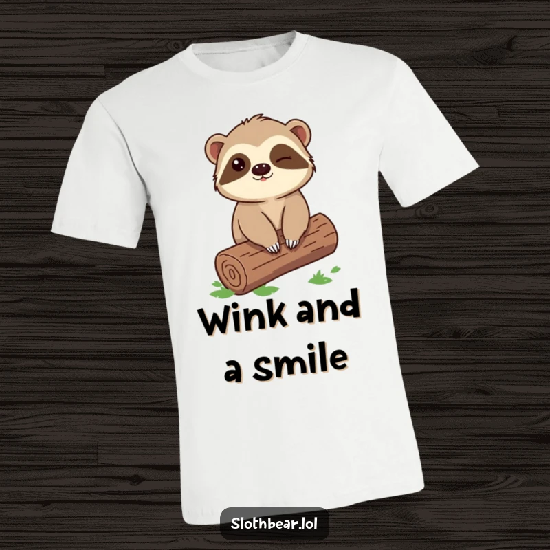 Funny Sloth Bear T-Shirt with a character winking slyly while sitting on a log, perfect for playful personalities.