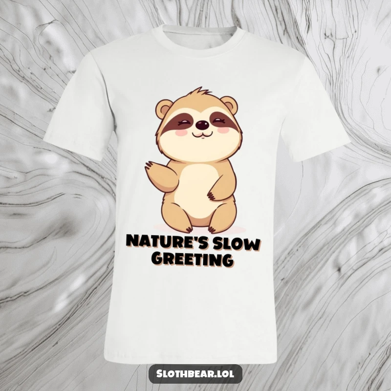 Funny T-Shirt: A sloth bear extends a slow, deliberate, and warm wave, conveying friendliness and a relaxed attitude.