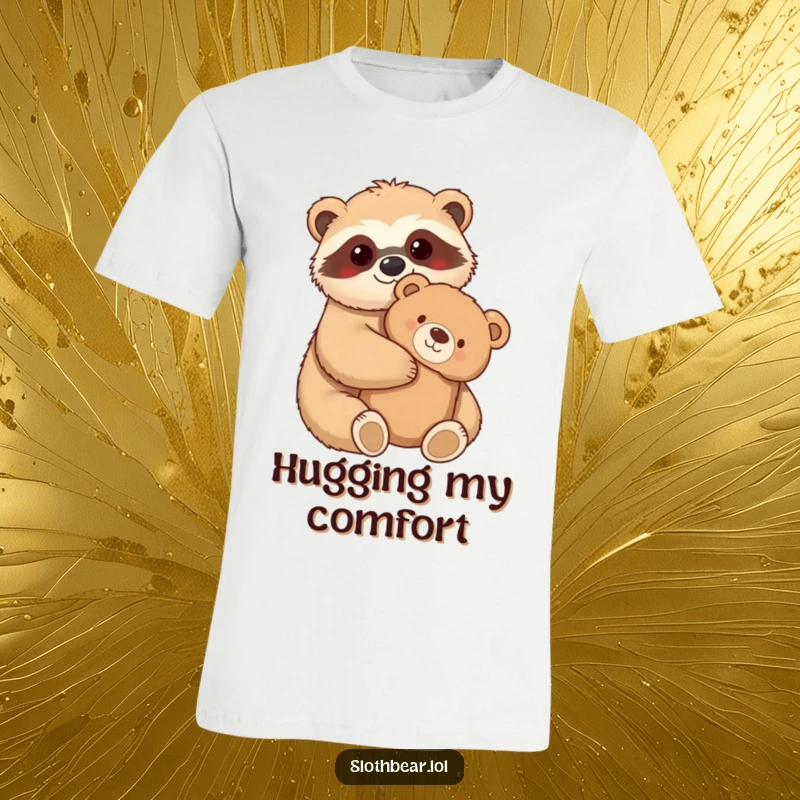 Funny T-Shirt with a kawaii sloth bear character hugging a fuzzy teddy bear, symbolizing warmth, comfort, and adorable friendship.