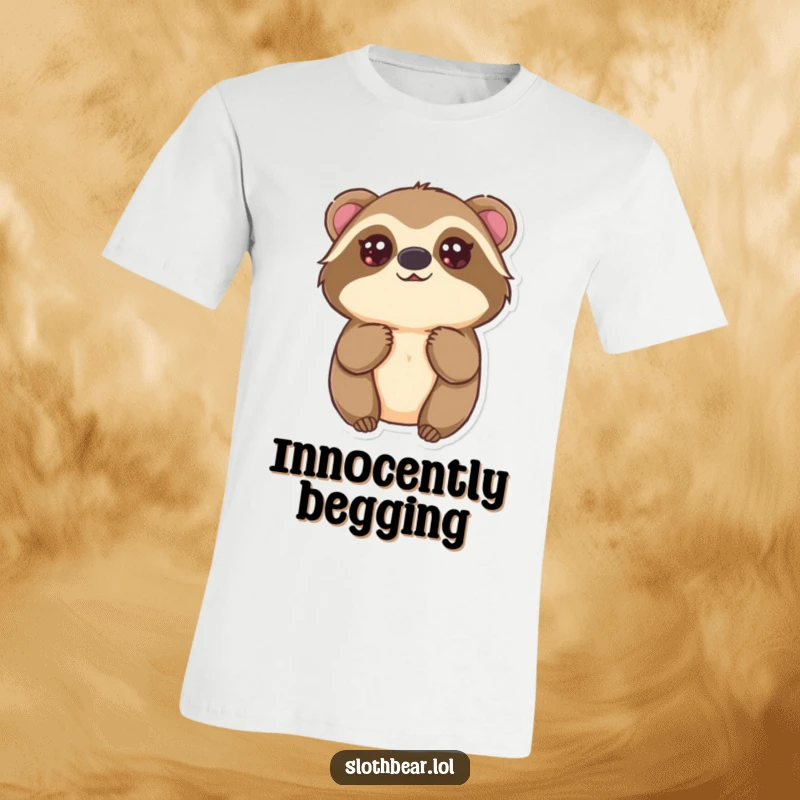 Funny Kawaii Sloth Bear T-Shirt with a cute bear looking up with big innocent eyes, embodying sweetness and making a great funny gift.
