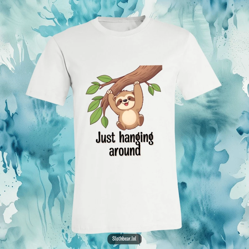 Funny kawaii sloth bear caught mid-swing on a t-shirt, showing pure delight and a love for arboreal acrobatics.