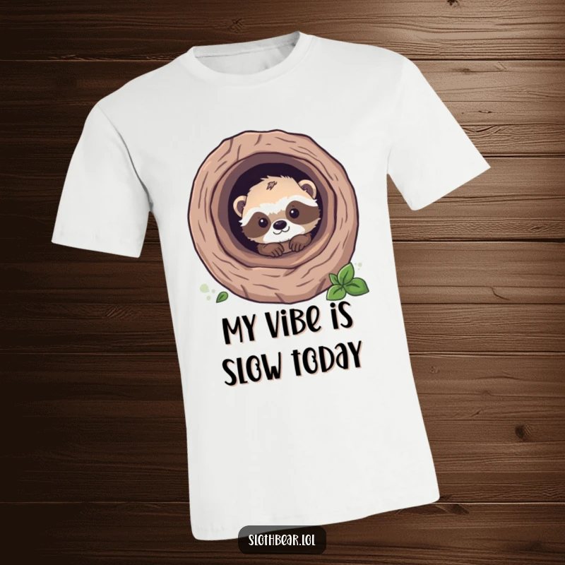Funny sloth bear cub peeking out from a tree log, presented on a t-shirt with a cute and humorous wildlife theme.