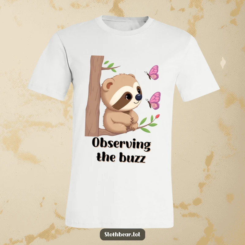 Funny T-Shirt featuring a sloth bear with curious eyes observing a fluttering butterfly, a heartwarming nature scene.