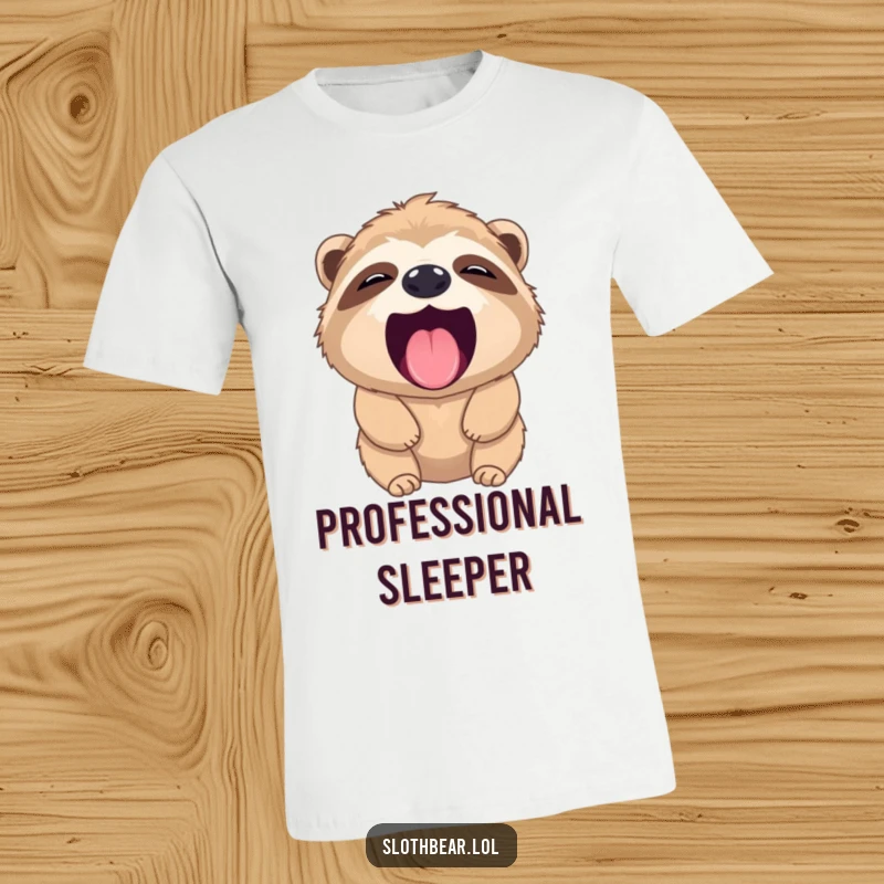Funny sloth bear t-shirt featuring a bear caught in a huge yawn, its tiny pink tongue visible, evoking sleepy humor.