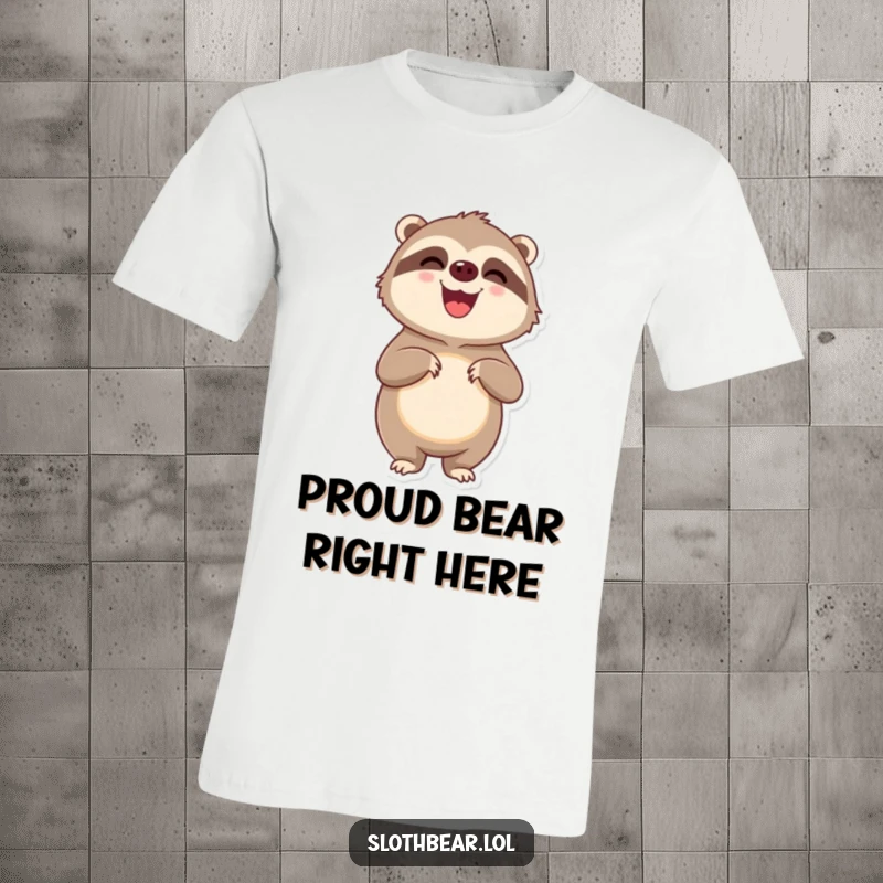 Funny delighted sloth bear character standing on hind legs looking pleased, featured on a humorous t-shirt.