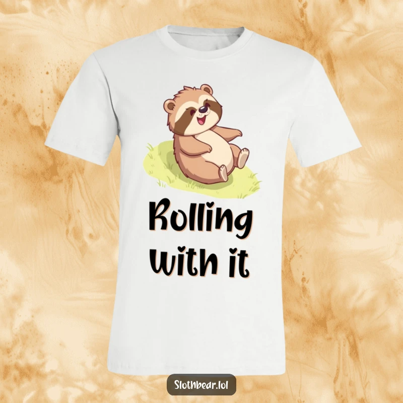 Funny sloth bear t-shirt depicting a bear joyfully rolling down a grassy slope with a look of pure glee and fun.