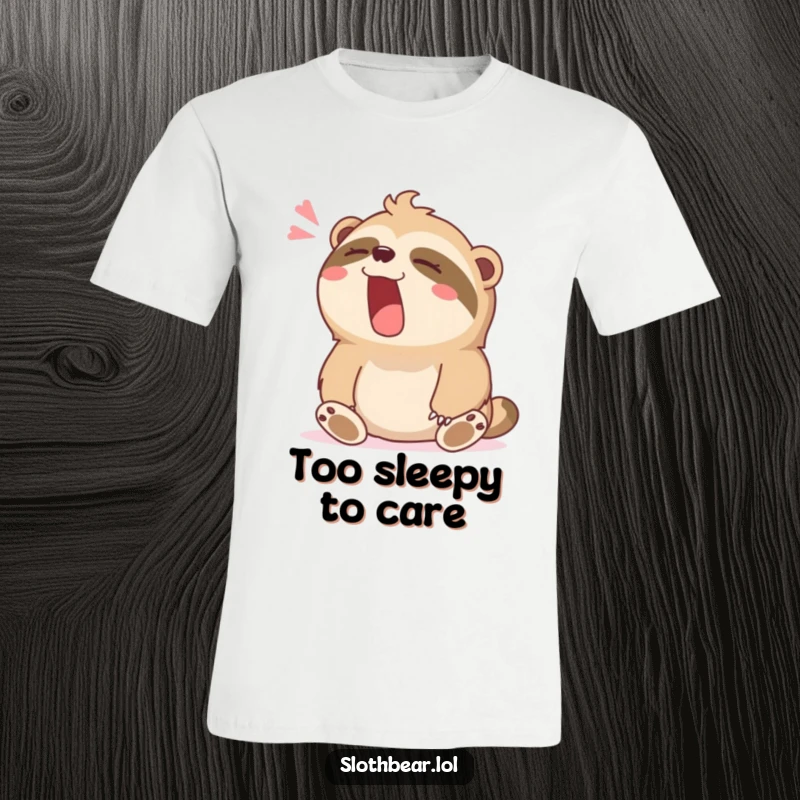 Funny T-shirt showcasing a sloth bear character yawning widely with a contented sigh, embodying pure relaxation.