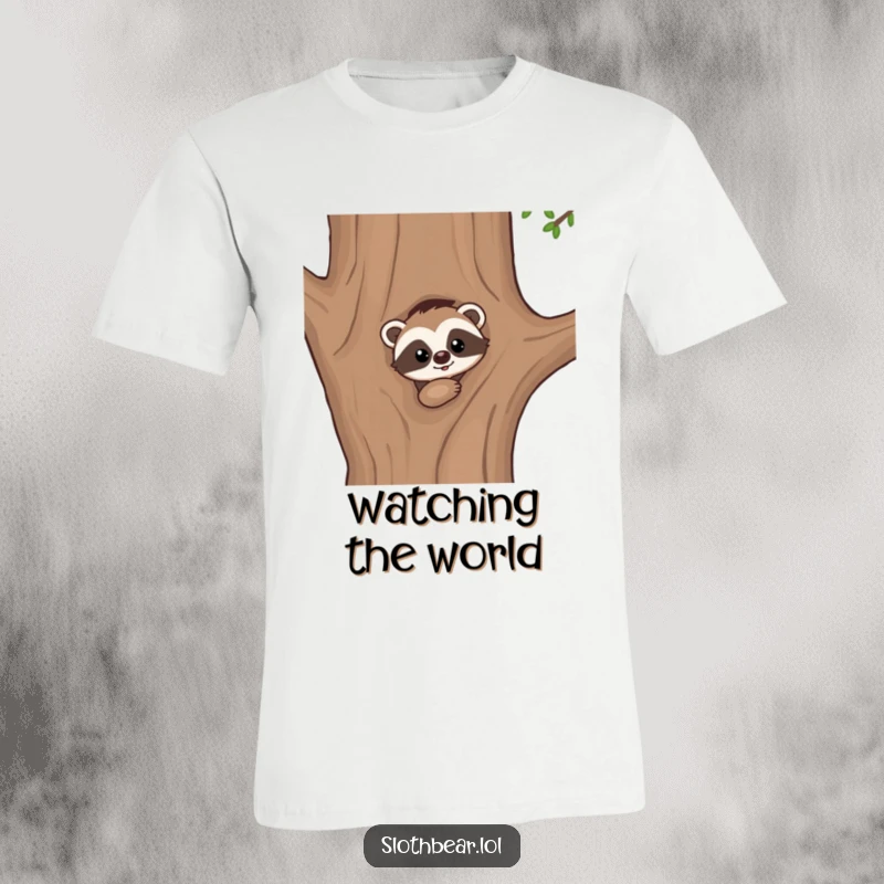 Funny t-shirt graphic: A kawaii sloth bear peeking with an inquisitive look from behind a large tree, inviting discovery.