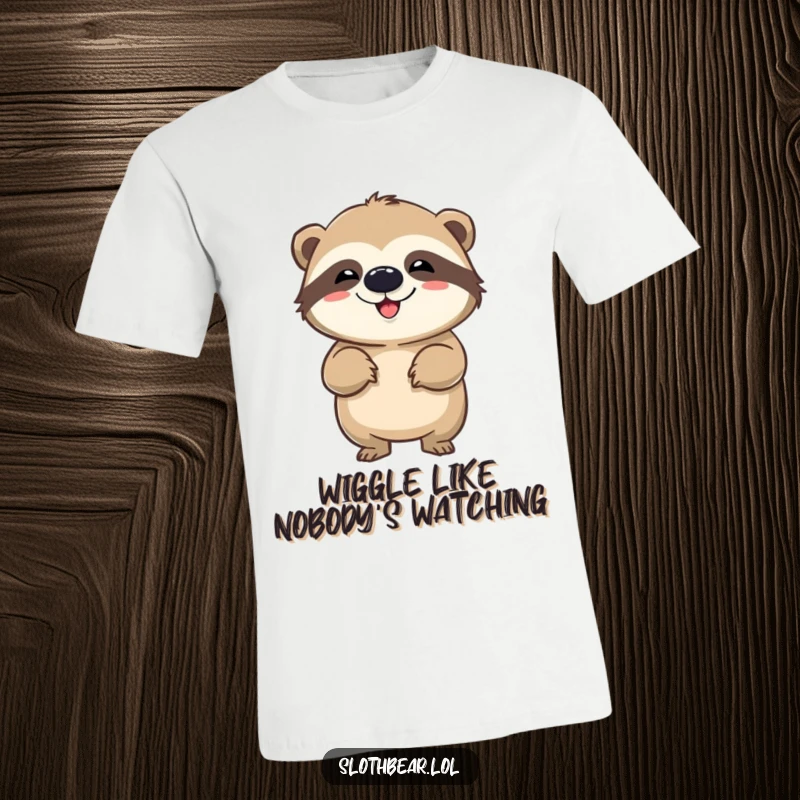 Funny t-shirt showing a sloth bear performing a hilarious wiggle, capturing a moment of pure, joyful movement and silliness.
