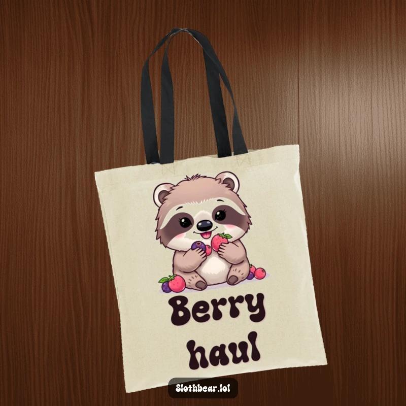 Funny kawaii sloth bear tote bag featuring a happy character munching digital berries, ideal for shopping with humor.