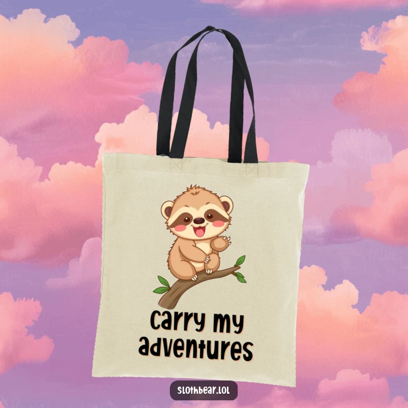 Funny sloth bear cub climbing tote bag, perfect for carrying essentials during playful explorations and adventures.
