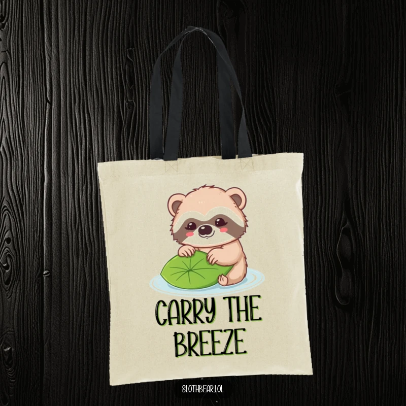 Funny tote bag illustrated with a cute kawaii sloth bear character playfully nudging a leaf floating on water.