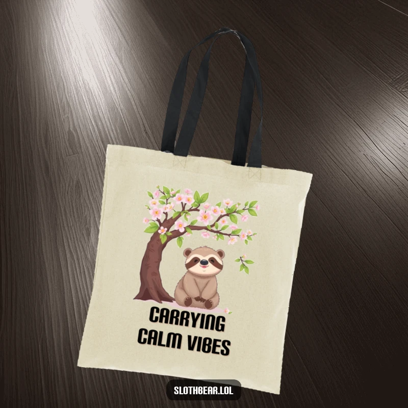 Funny sloth bear tote bag, resting under blooming tree, calm and happy, practical accessory, humorous.