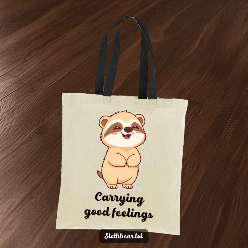 Funny sloth bear standing upright, looking pleased, on a durable and humorous tote bag for everyday use.