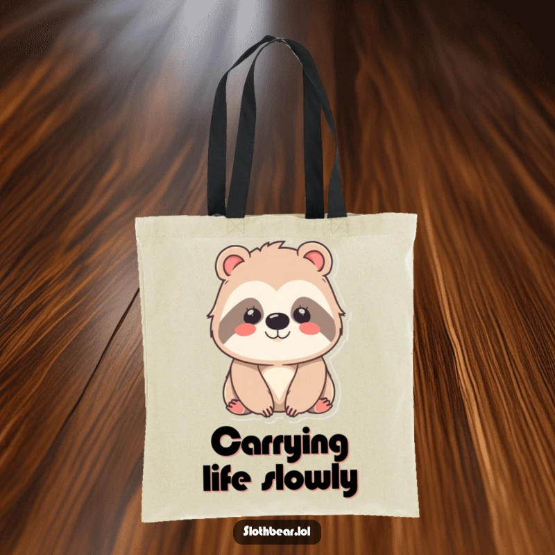 Funny kawaii sloth bear tote bag with a gentle, smiling face, designed for carrying essentials with adorable, contented charm and eco-friendly style.