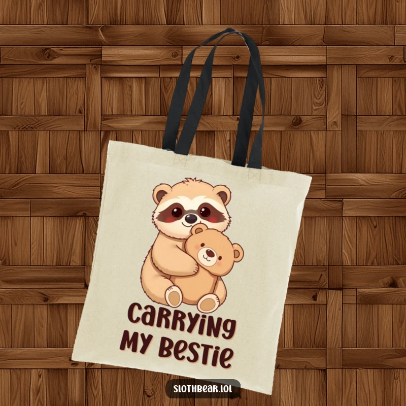 Funny Tote Bag with a kawaii sloth bear character hugging a fuzzy teddy bear, perfect for carrying essentials with love and humor.