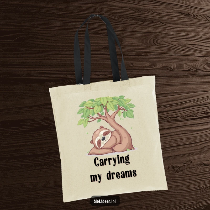 Funny tote bag featuring a happy sloth bear character napping under a leafy tree, perfect for carrying essentials with a relaxed attitude.