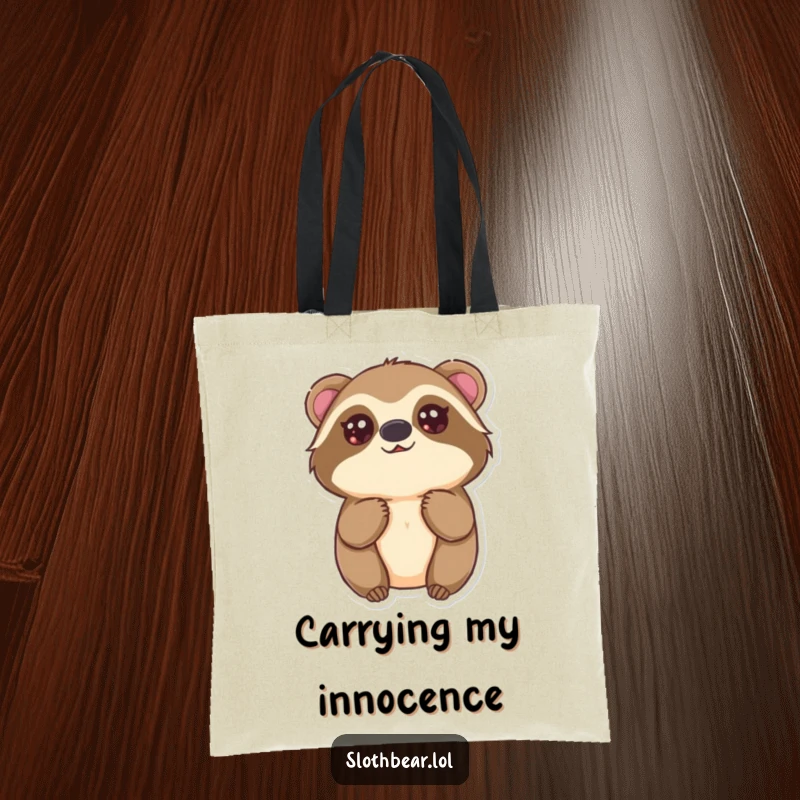 Funny Kawaii Sloth Bear Tote Bag with a cute bear looking up with innocent eyes, an adorable and funny gift for everyday use.