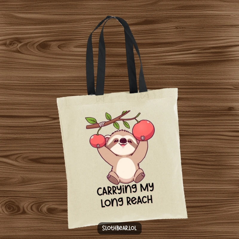 Funny tote bag featuring a baby sloth bear cub comically reaching for fruit, perfect for everyday use.