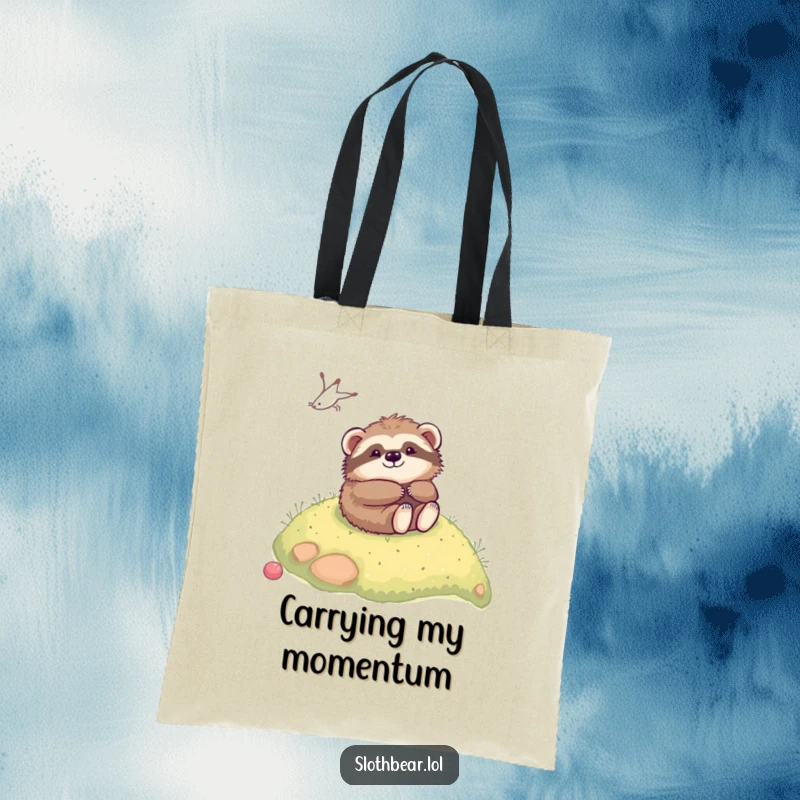 Funny kawaii sloth bear gleefully rolling down a soft hill on a durable tote bag, ideal for shopping and more.