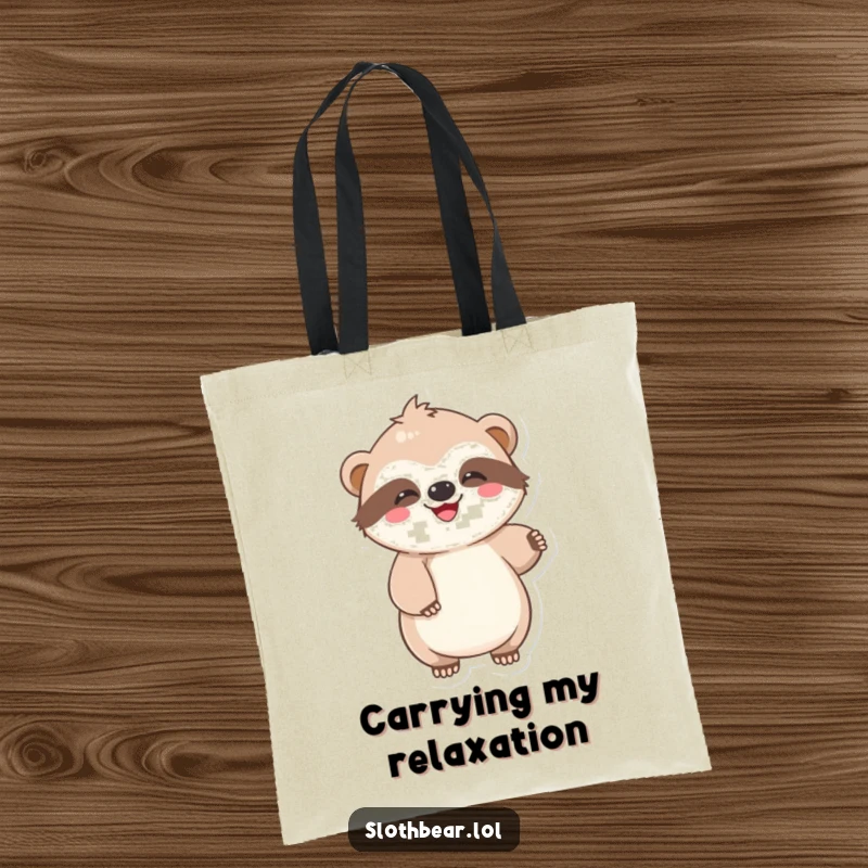 Funny Tote Bag with a kawaii sloth bear character doing a lazy, joyful wiggle, perfect for carrying essentials with humor.
