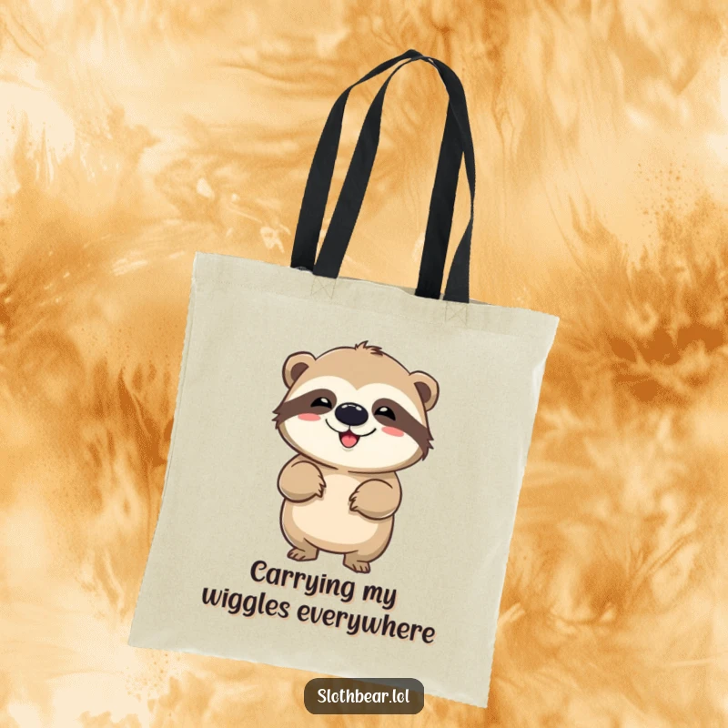 Funny tote bag featuring a sloth bear in a comical wiggle, symbolizing fun and playful movement, perfect for everyday use with humor.