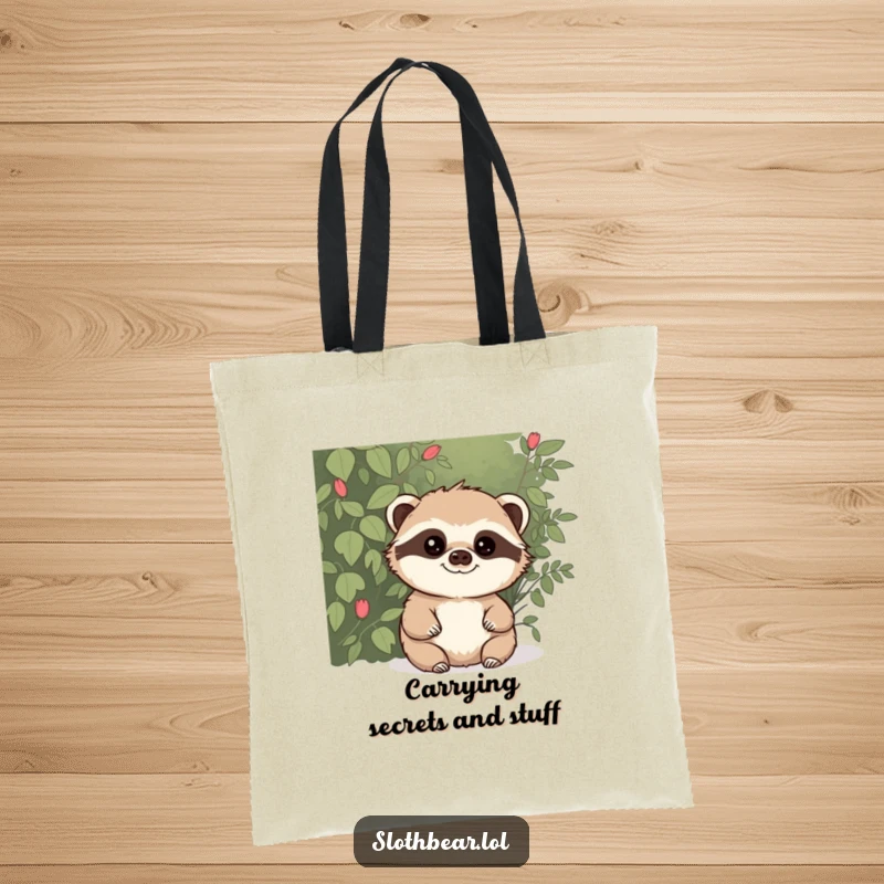 Funny tote bag featuring a sloth bear with a mischievous glint, peeking from behind a bush, symbolizing playful secrets and everyday fun.