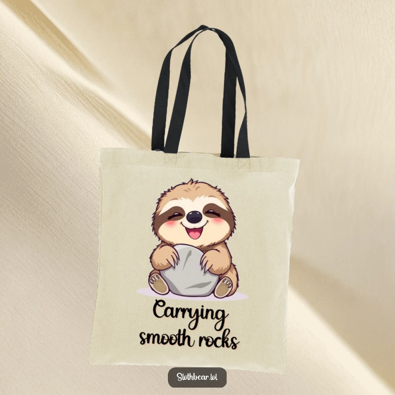 Funny Tote Bag featuring a sloth bear giggling while playing with a smooth stone, a portable piece of pure joy.