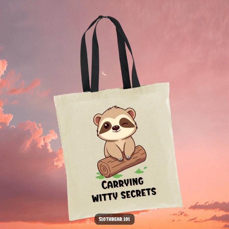 Funny Sloth Bear Tote Bag with a winking character sitting on a log, perfect for carrying items with a playful and mischievous vibe.