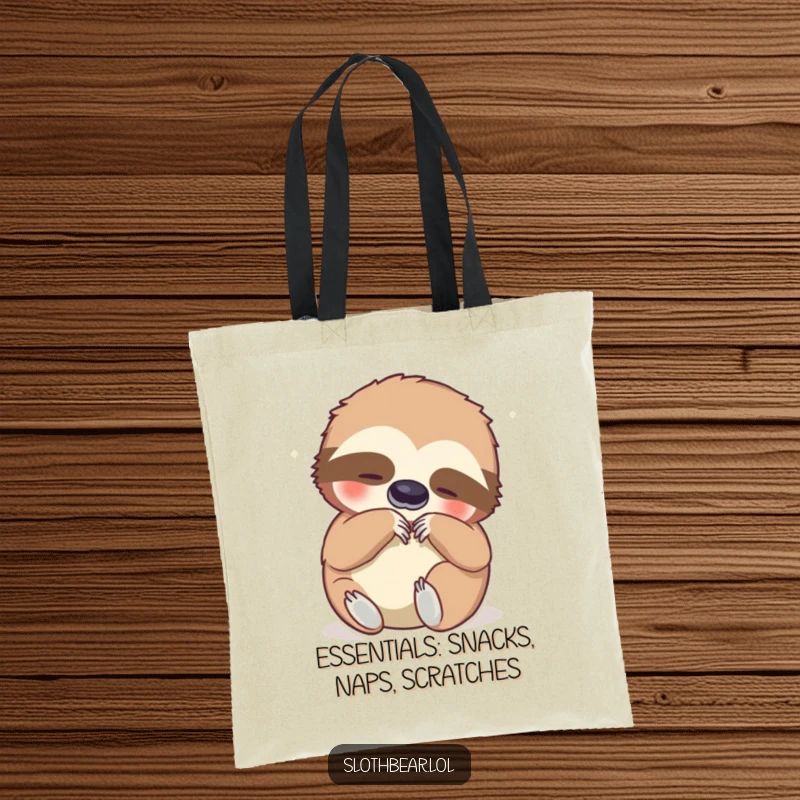 Funny tote bag showcasing a sloth bear blissfully scratching its belly, an excellent accessory for carrying items with a dose of lighthearted fun.