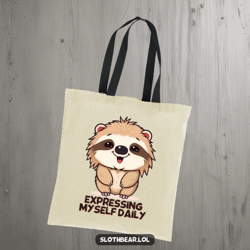Funny tote bag featuring a sloth bear making a comical face, symbolizing humor and expressive personality, perfect for everyday use.