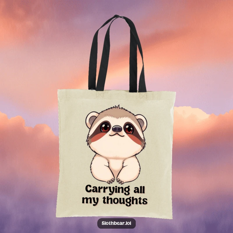 Funny Tote Bag with a young sloth bear looking up curiously, ideal for shopping and everyday use.