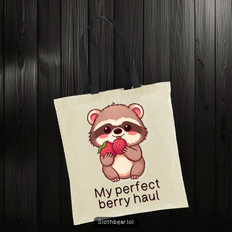 Funny kawaii sloth bear holding a perfect berry with delight on a durable tote bag, ideal for shopping trips.
