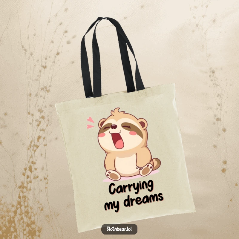 Funny tote bag of a sloth bear character yawning widely with a contented sigh, embodying ultimate relaxation.