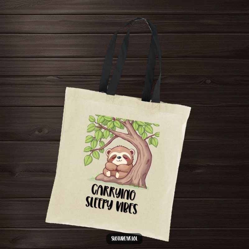 Funny sloth bear sleeping under a tree, depicted on a durable and humorous tote bag for relaxation enthusiasts.